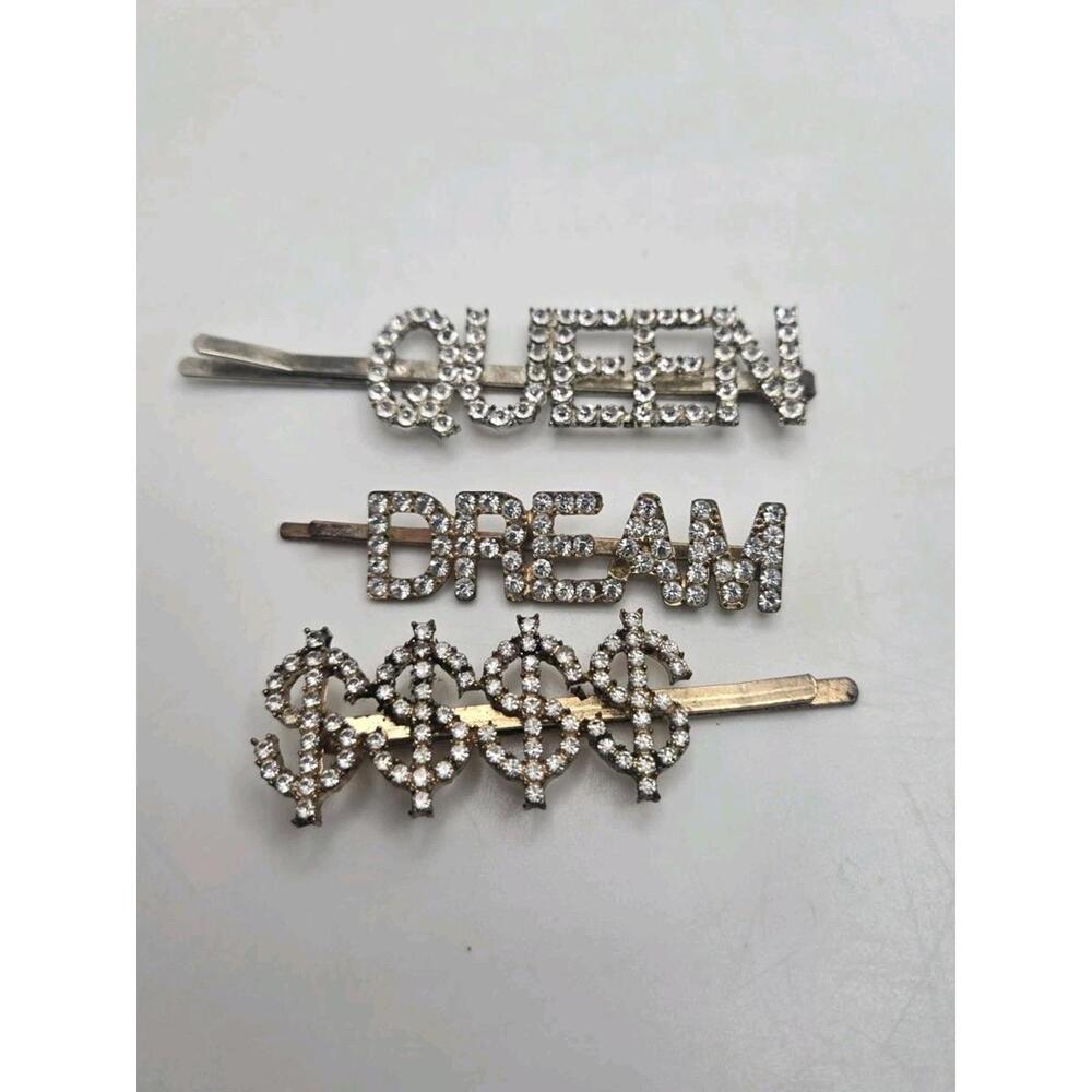 Gold Tone QUEEN DREAM And $$$ Bobby Pins Set Of 3 Y2K